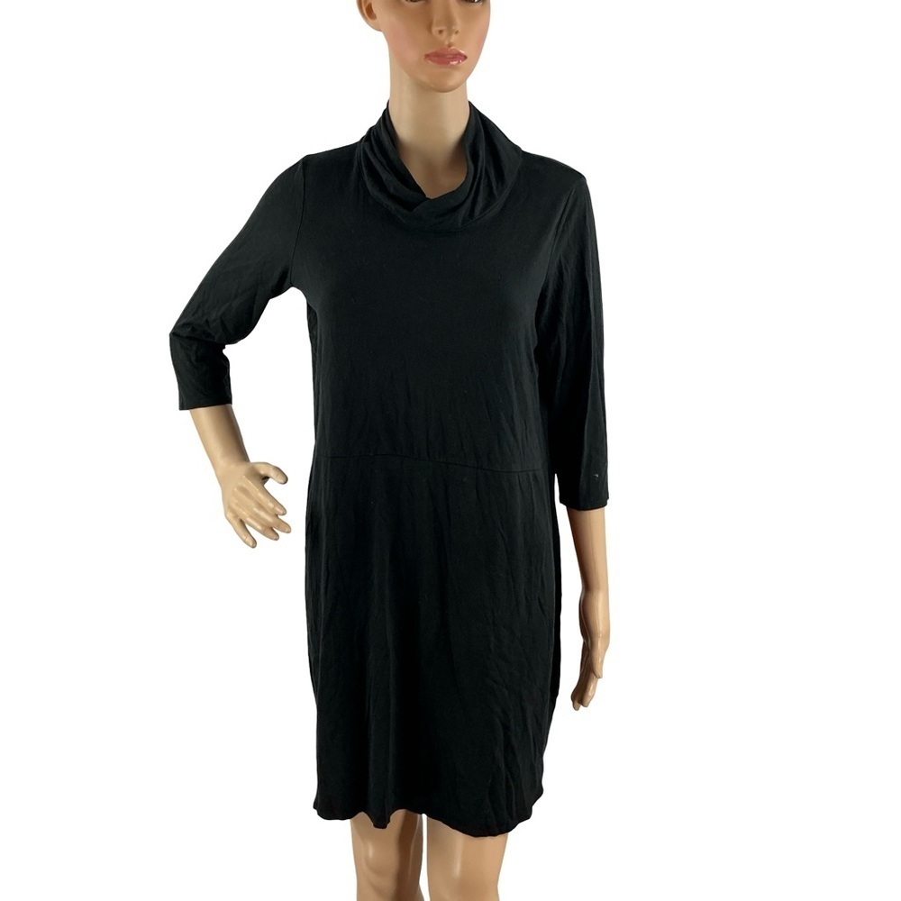 Eileen Fisher Cowl Neck Dress Black 3/4 Sleeve Petite Size PM